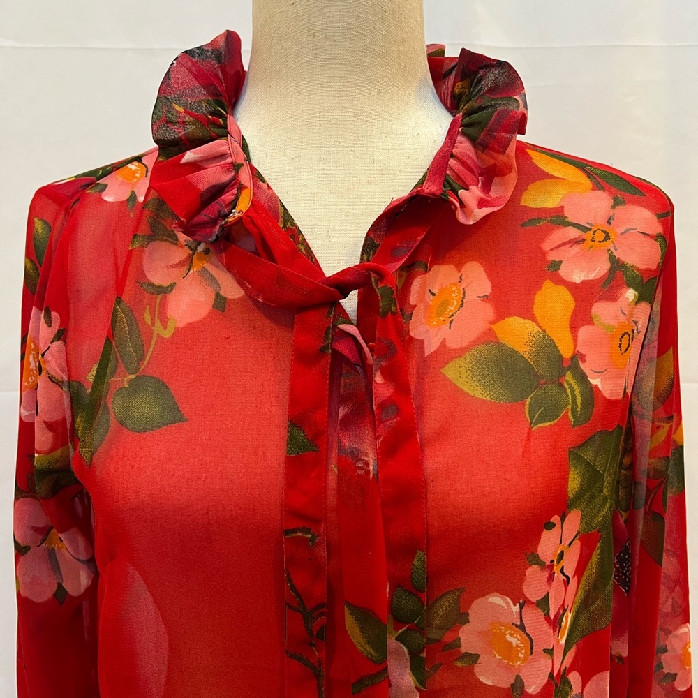 Sheer cherry red floral blouse with tie size 6